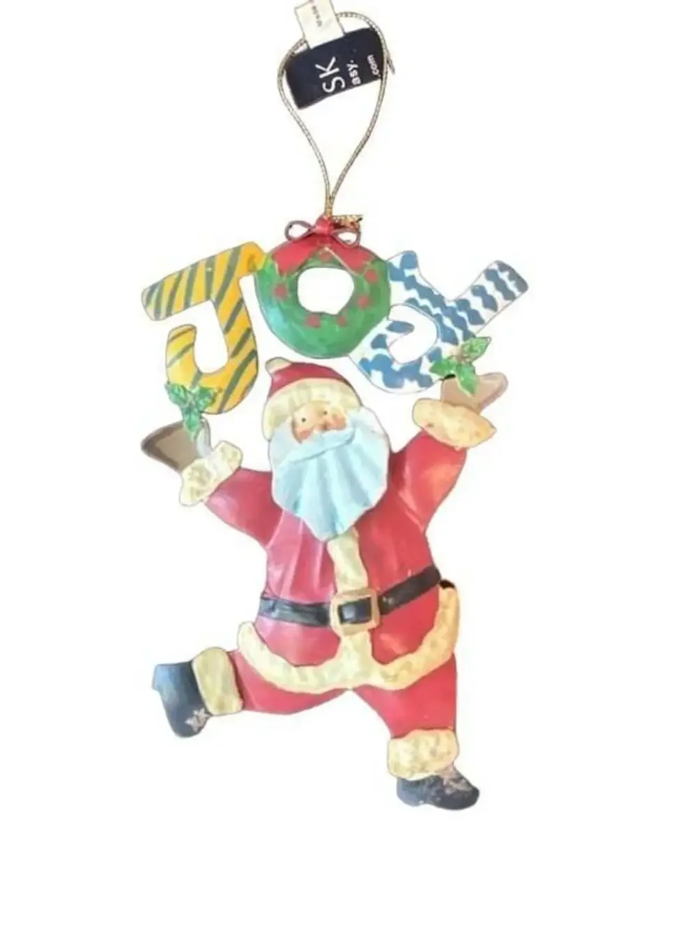 Metal Painted Santa Holding JOY Christmas Holiday Wall Hanging Ornament Decor